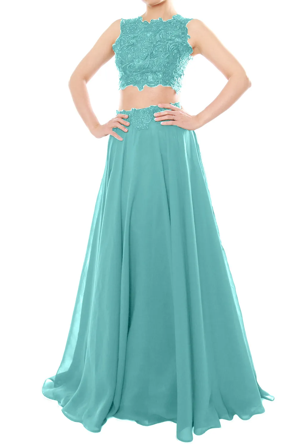 MACloth Women Two Piece High Neck Lace Chiffon Long Prom Dress Formal Party Gown