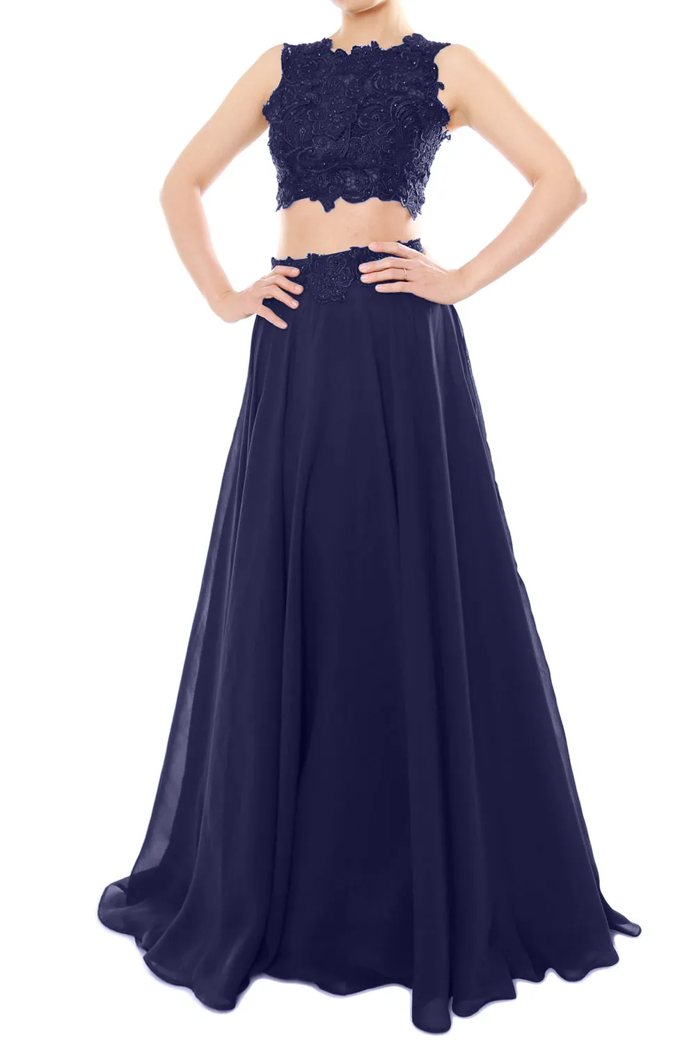 MACloth Women Two Piece High Neck Lace Chiffon Long Prom Dress Formal Party Gown
