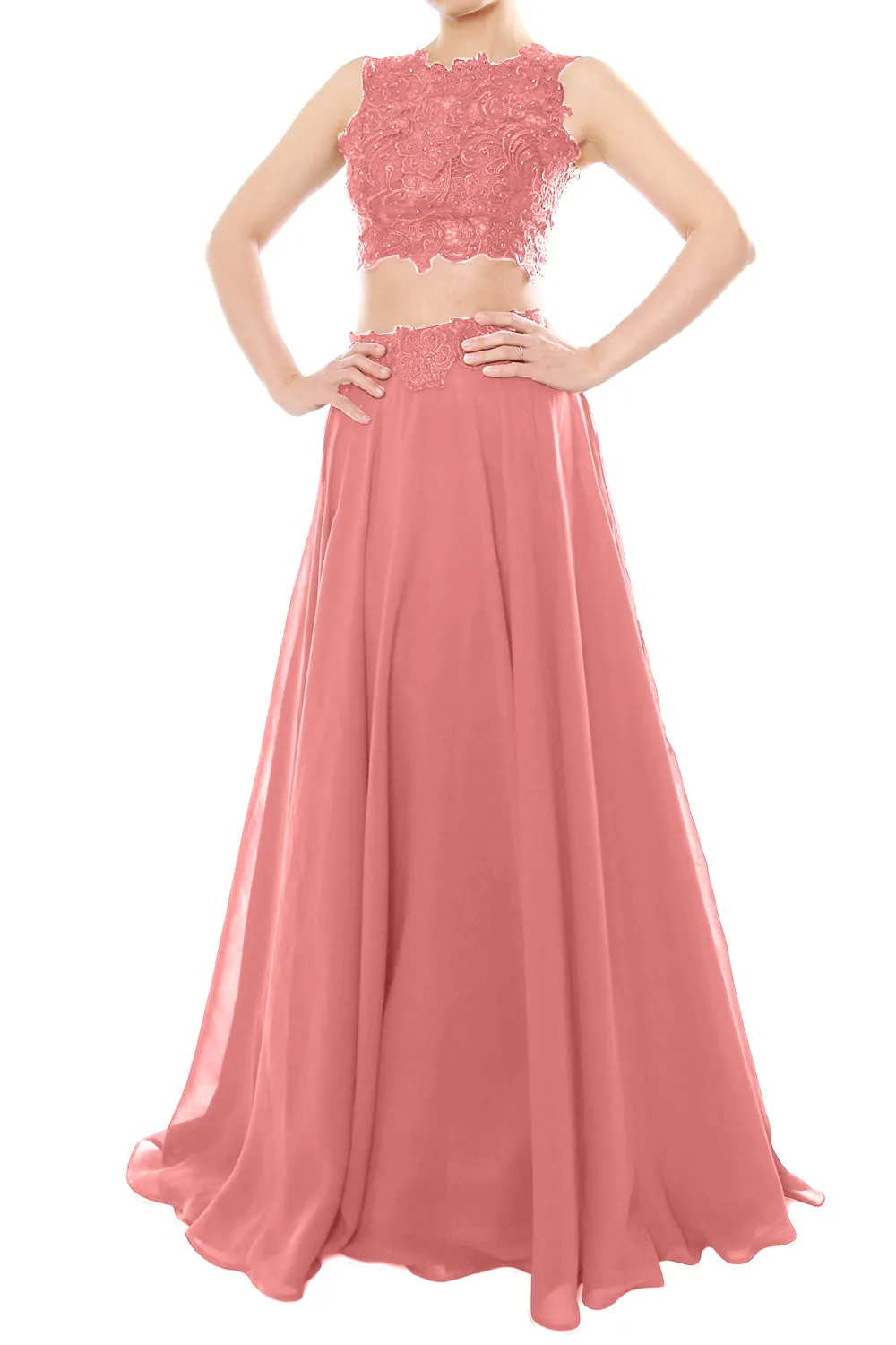 MACloth Women Two Piece High Neck Lace Chiffon Long Prom Dress Formal Party Gown