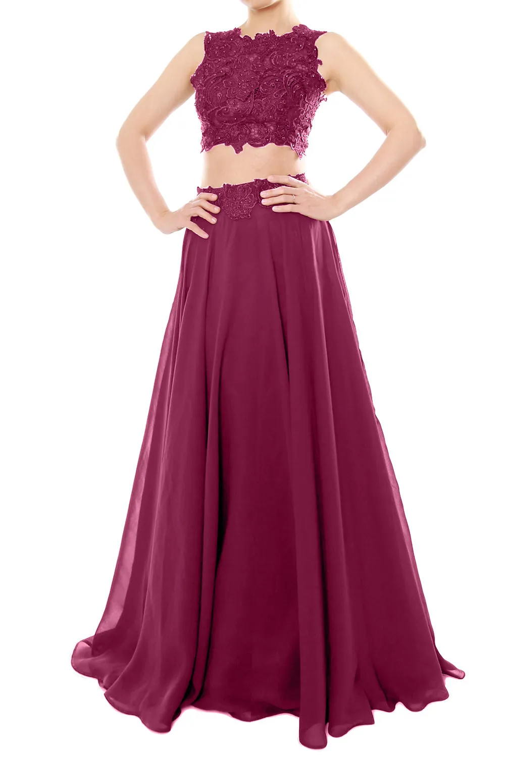 MACloth Women Two Piece High Neck Lace Chiffon Long Prom Dress Formal Party Gown