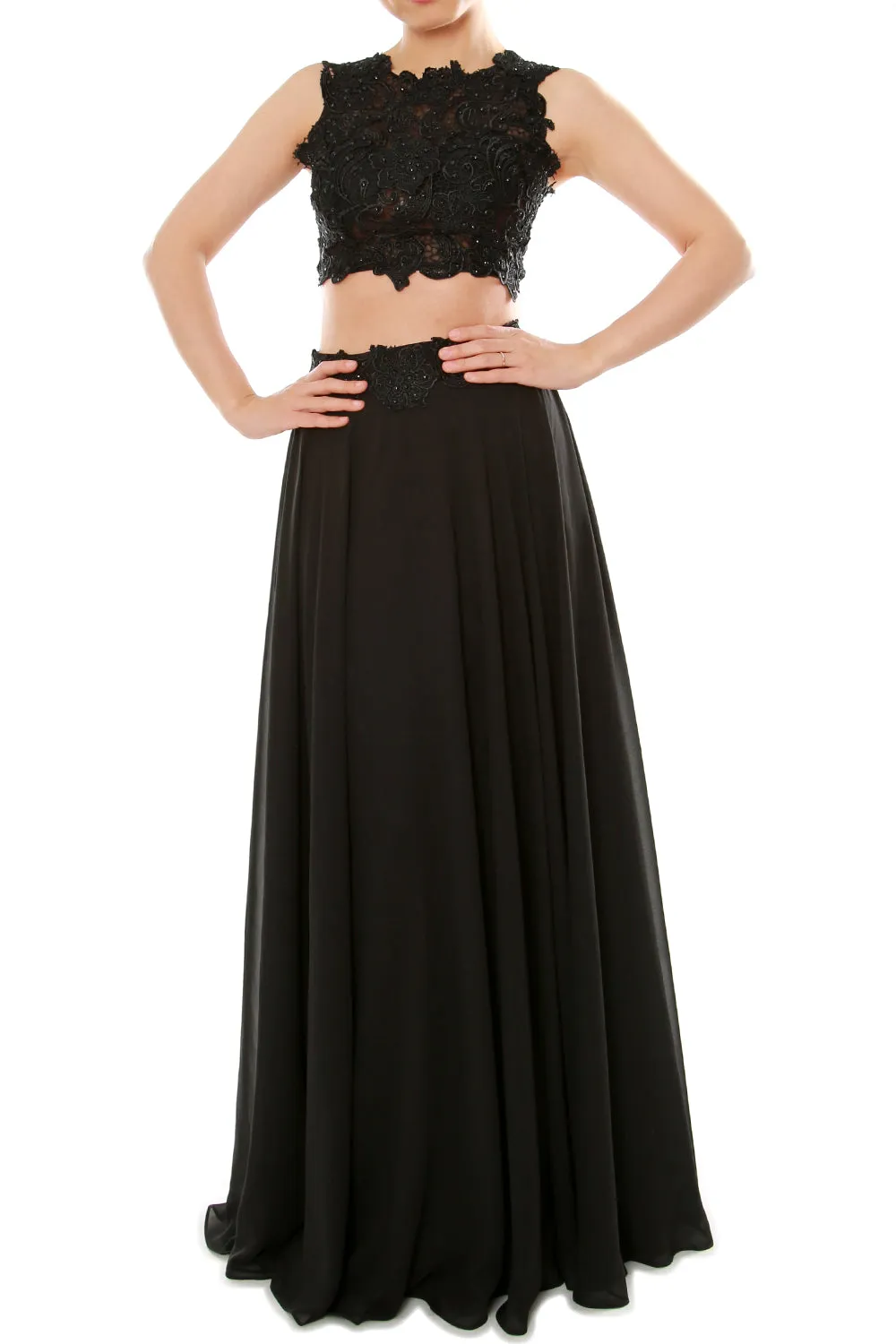 MACloth Women Two Piece High Neck Lace Chiffon Long Prom Dress Formal Party Gown