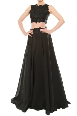MACloth Women Two Piece High Neck Lace Chiffon Long Prom Dress Formal Party Gown