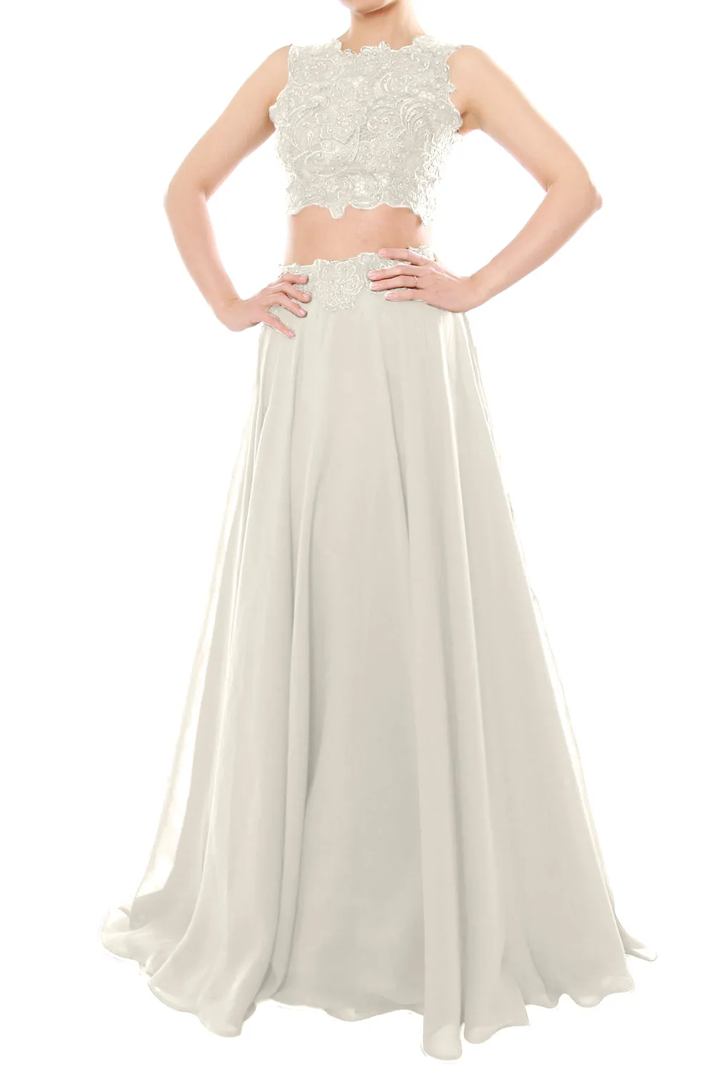 MACloth Women Two Piece High Neck Lace Chiffon Long Prom Dress Formal Party Gown
