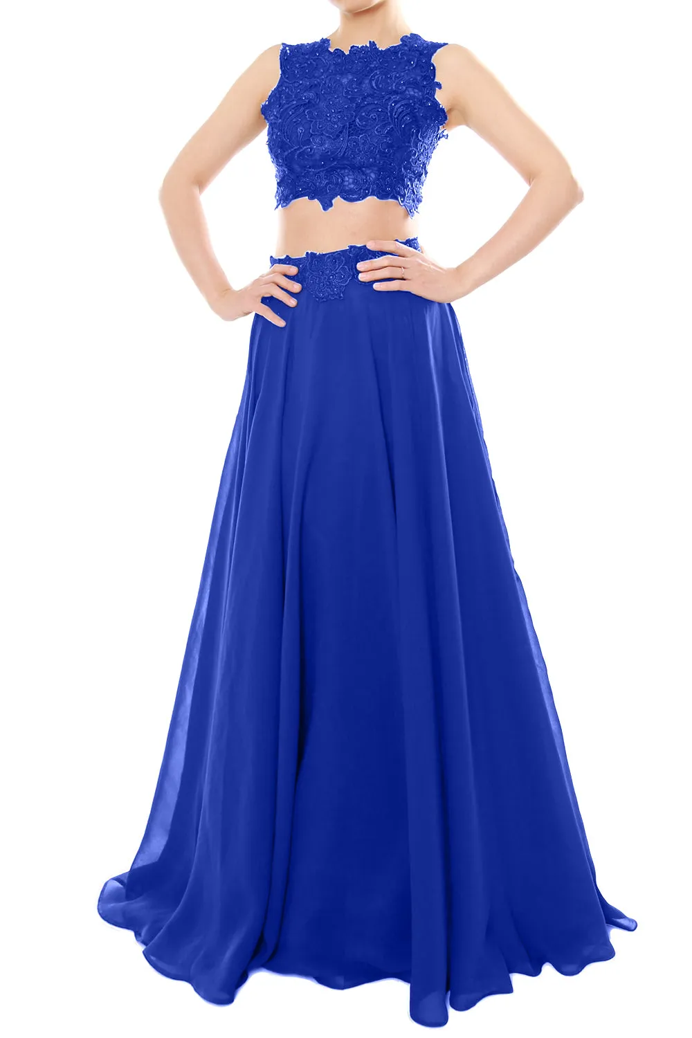 MACloth Women Two Piece High Neck Lace Chiffon Long Prom Dress Formal Party Gown