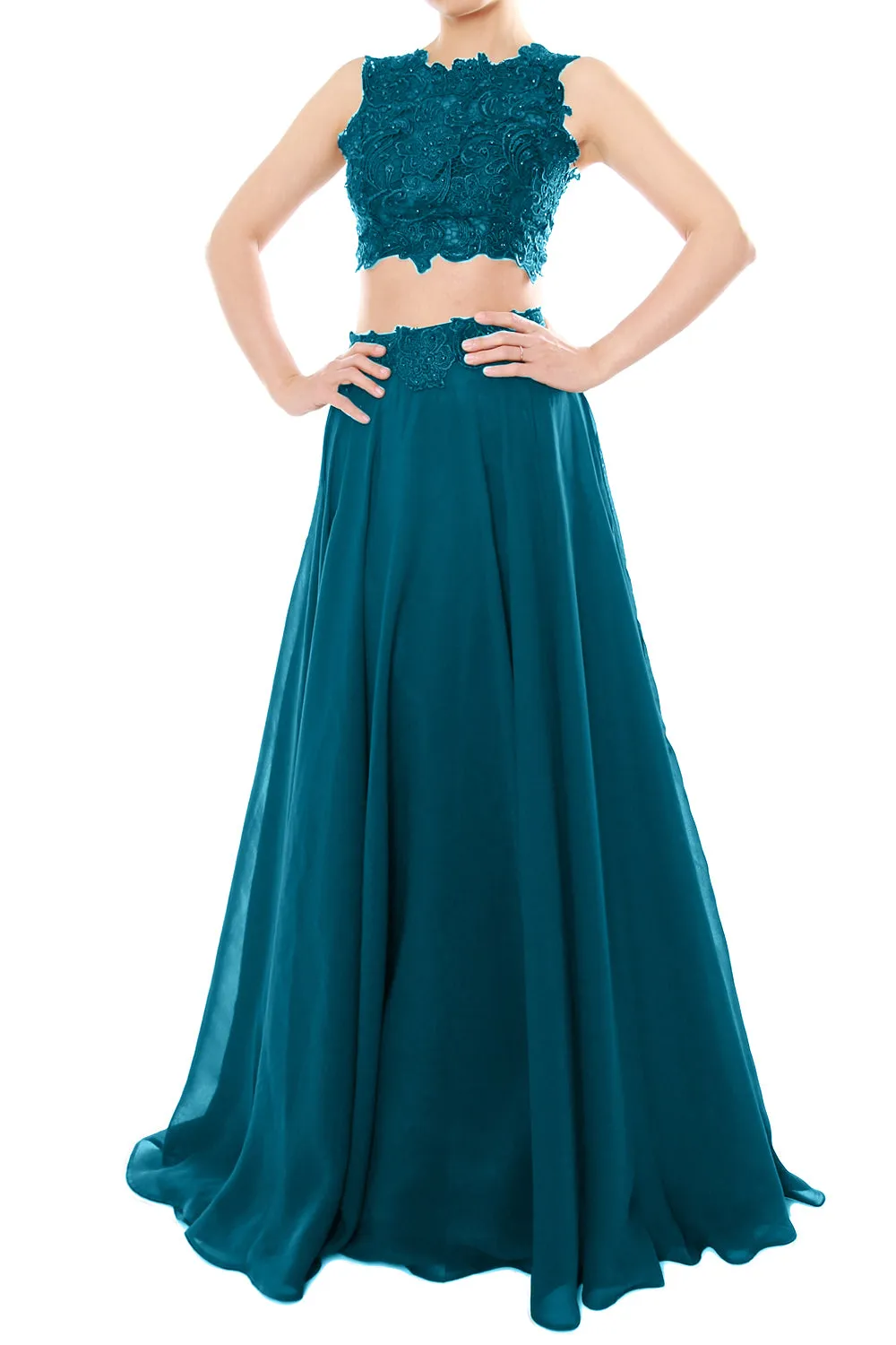 MACloth Women Two Piece High Neck Lace Chiffon Long Prom Dress Formal Party Gown