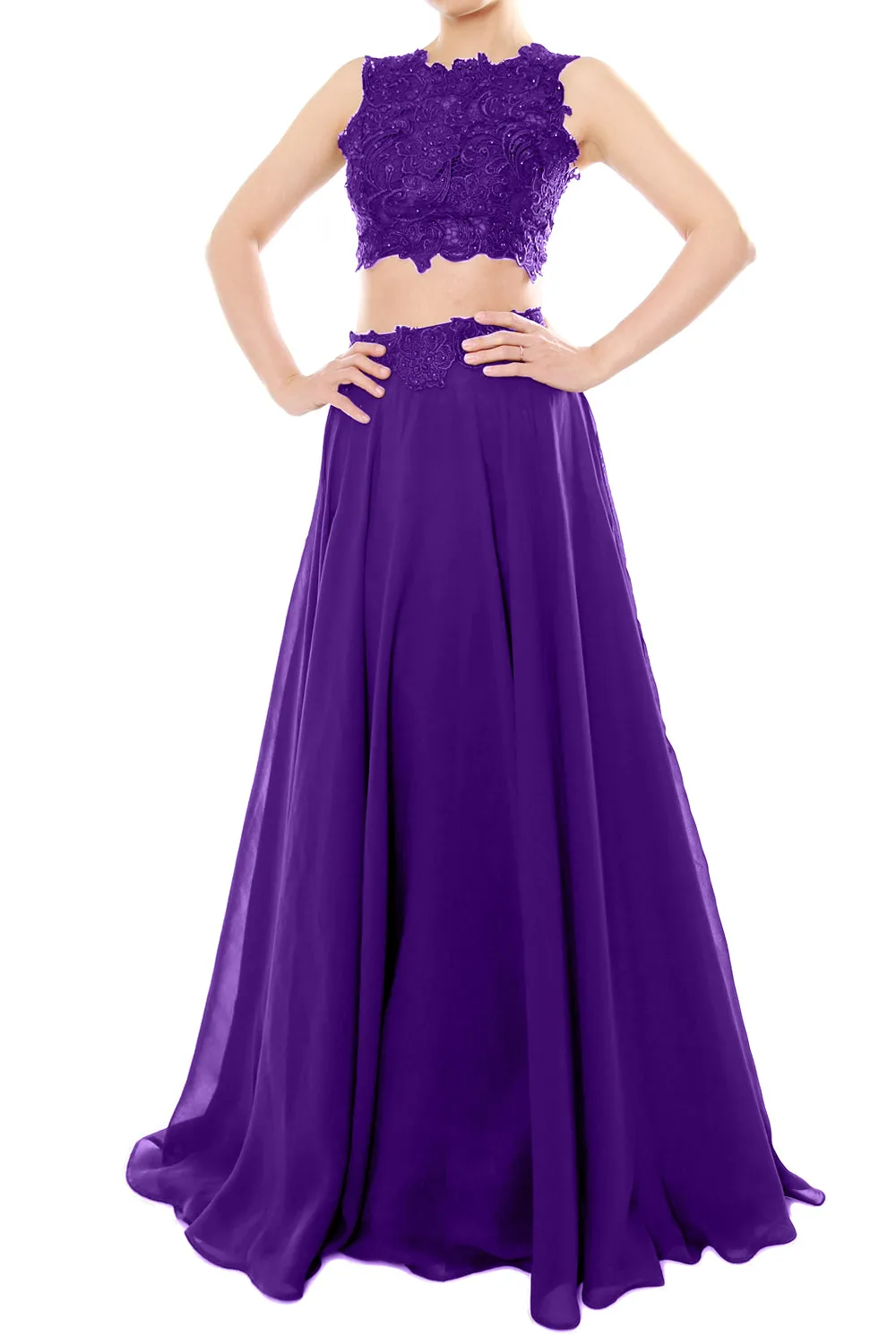 MACloth Women Two Piece High Neck Lace Chiffon Long Prom Dress Formal Party Gown