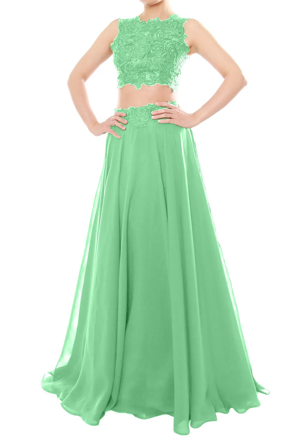 MACloth Women Two Piece High Neck Lace Chiffon Long Prom Dress Formal Party Gown