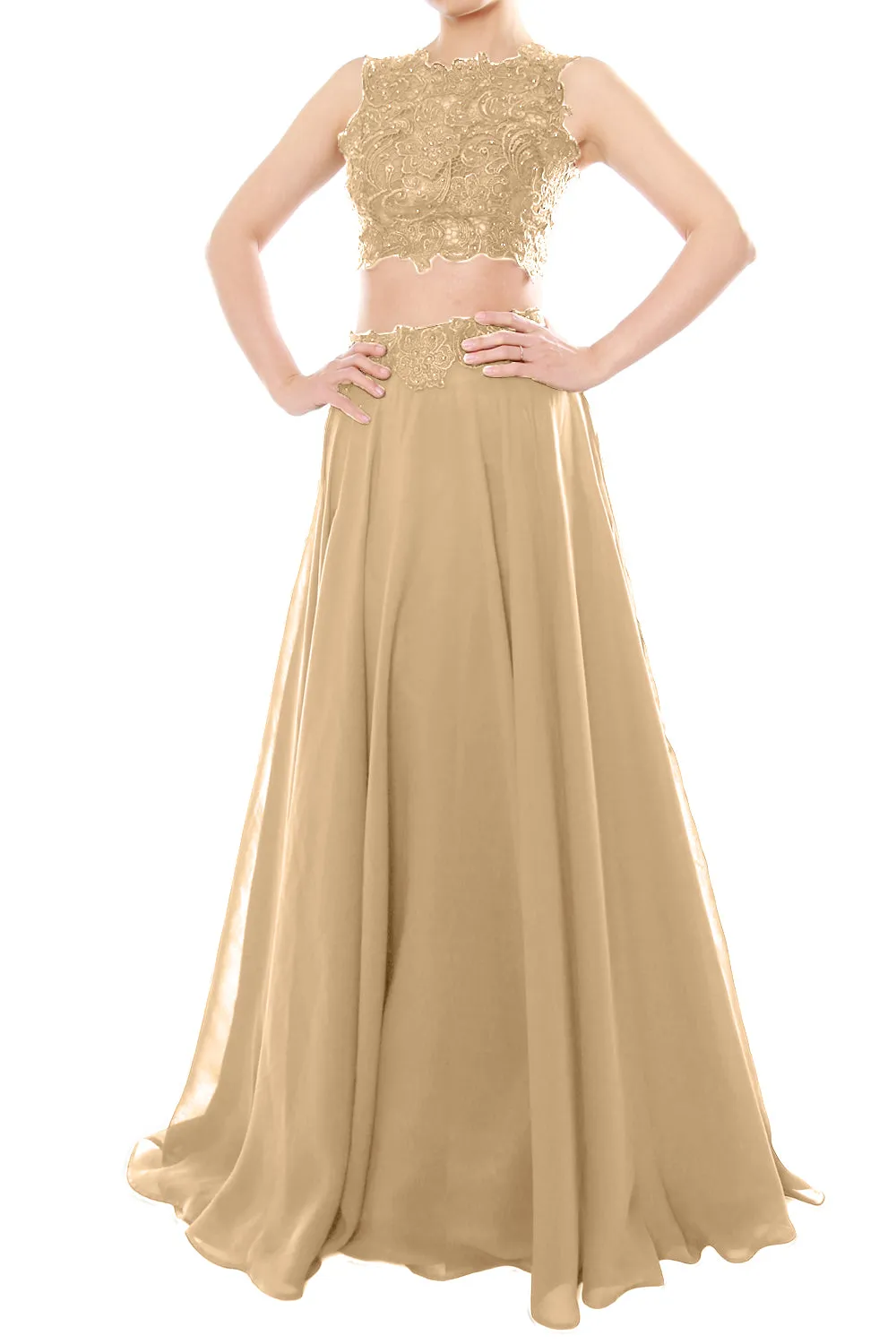MACloth Women Two Piece High Neck Lace Chiffon Long Prom Dress Formal Party Gown
