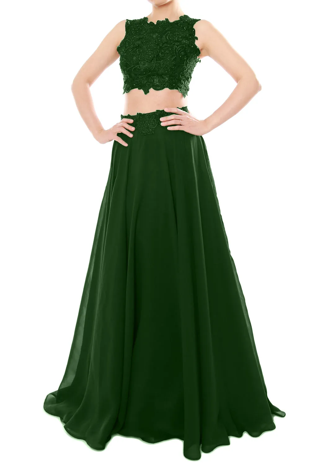 MACloth Women Two Piece High Neck Lace Chiffon Long Prom Dress Formal Party Gown