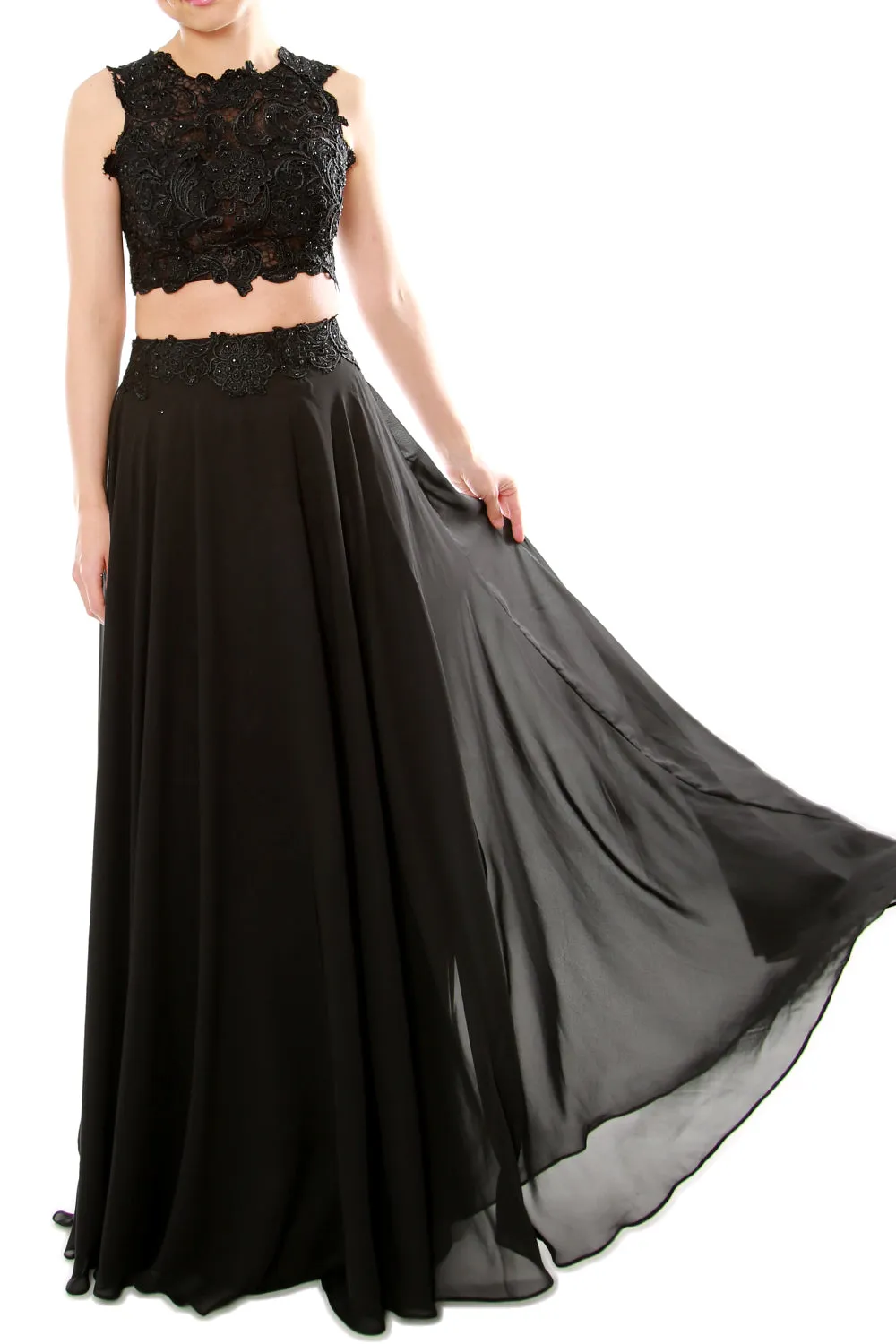 MACloth Women Two Piece High Neck Lace Chiffon Long Prom Dress Formal Party Gown