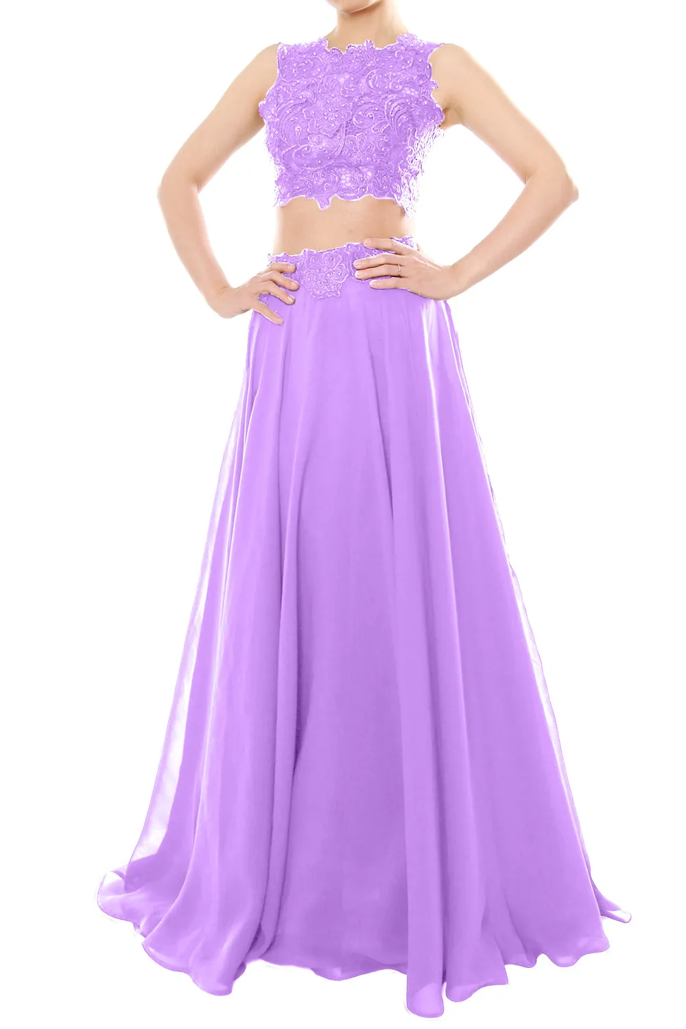 MACloth Women Two Piece High Neck Lace Chiffon Long Prom Dress Formal Party Gown