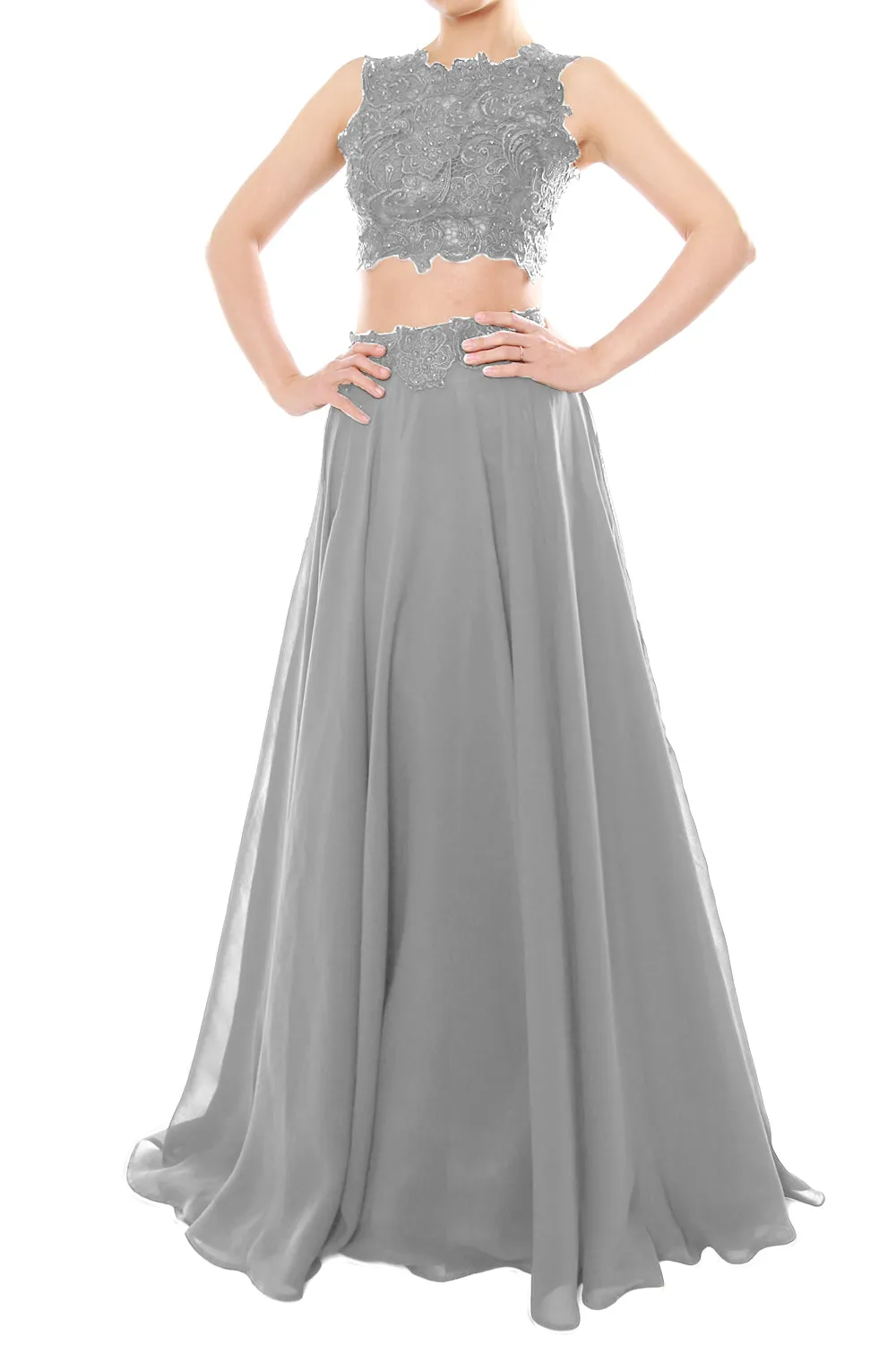 MACloth Women Two Piece High Neck Lace Chiffon Long Prom Dress Formal Party Gown