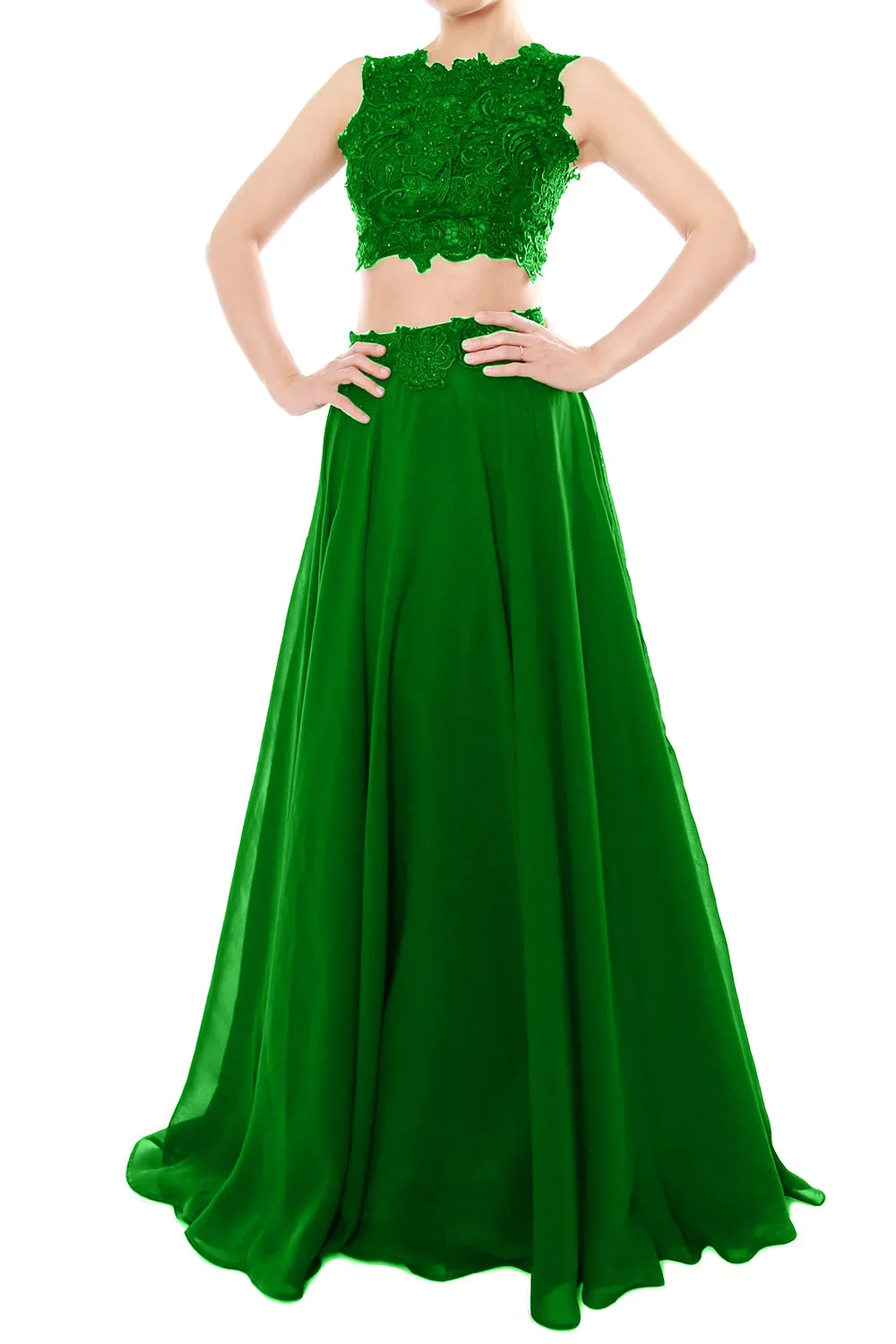 MACloth Women Two Piece High Neck Lace Chiffon Long Prom Dress Formal Party Gown
