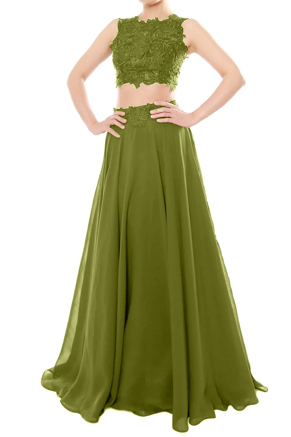 MACloth Women Two Piece High Neck Lace Chiffon Long Prom Dress Formal Party Gown