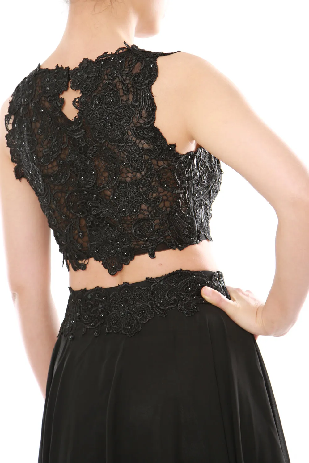 MACloth Women Two Piece High Neck Lace Chiffon Long Prom Dress Formal Party Gown