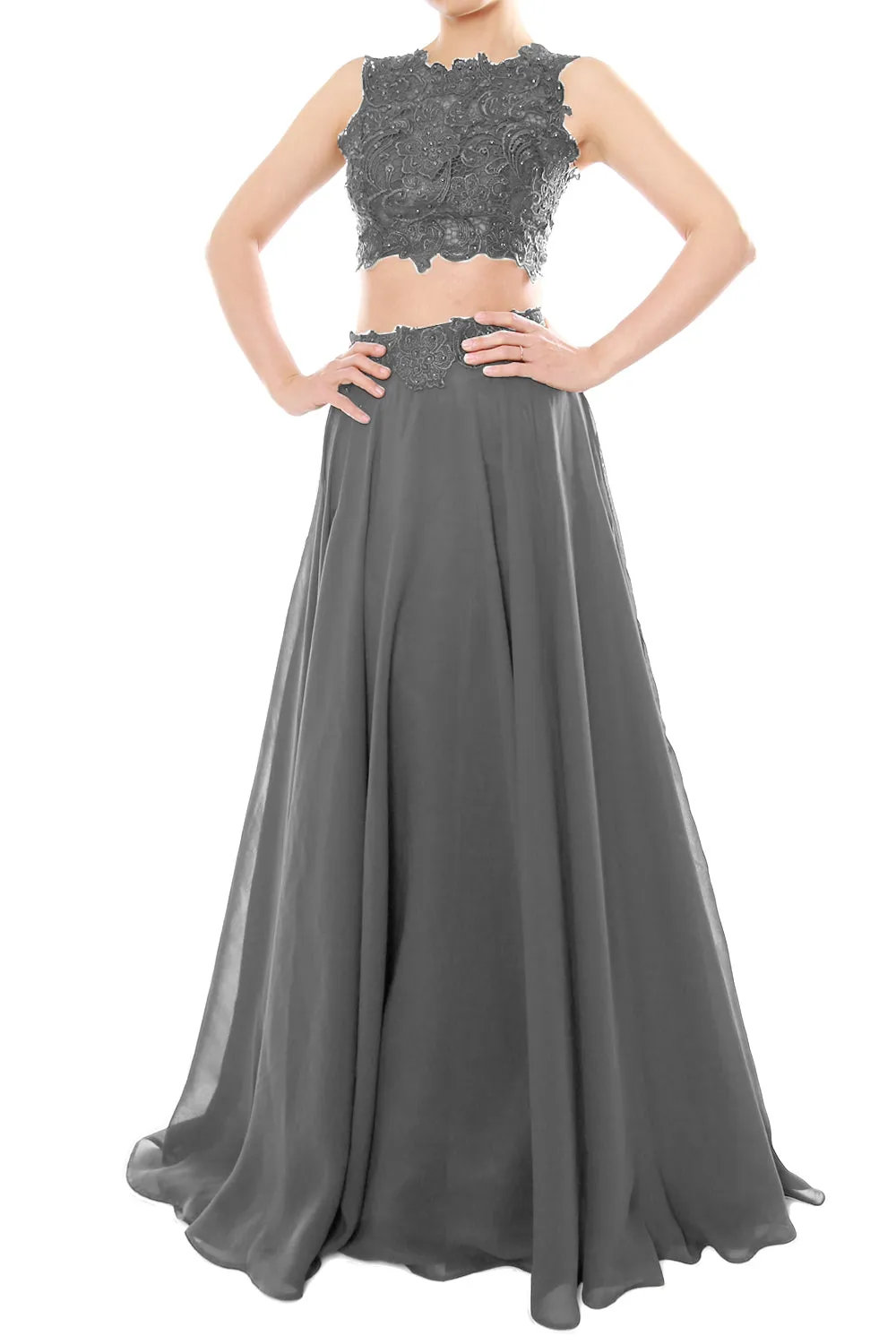 MACloth Women Two Piece High Neck Lace Chiffon Long Prom Dress Formal Party Gown