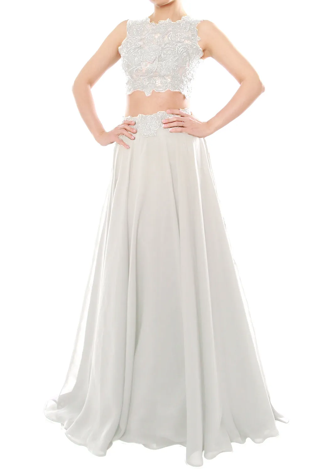 MACloth Women Two Piece High Neck Lace Chiffon Long Prom Dress Formal Party Gown