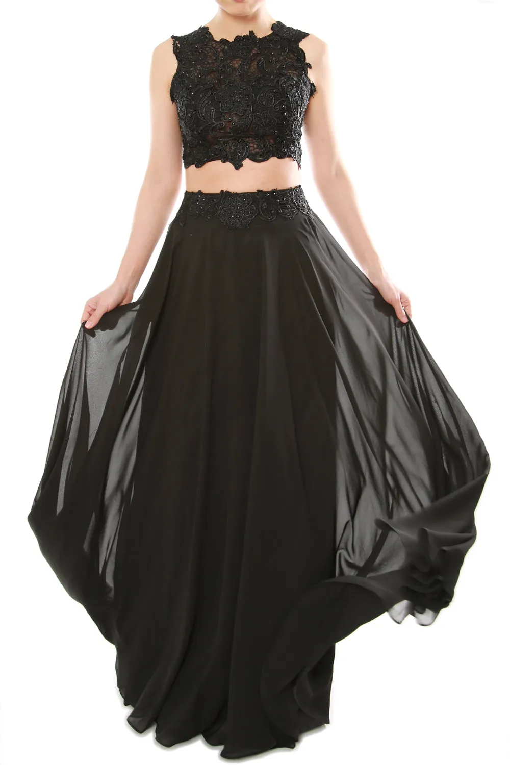 MACloth Women Two Piece High Neck Lace Chiffon Long Prom Dress Formal Party Gown