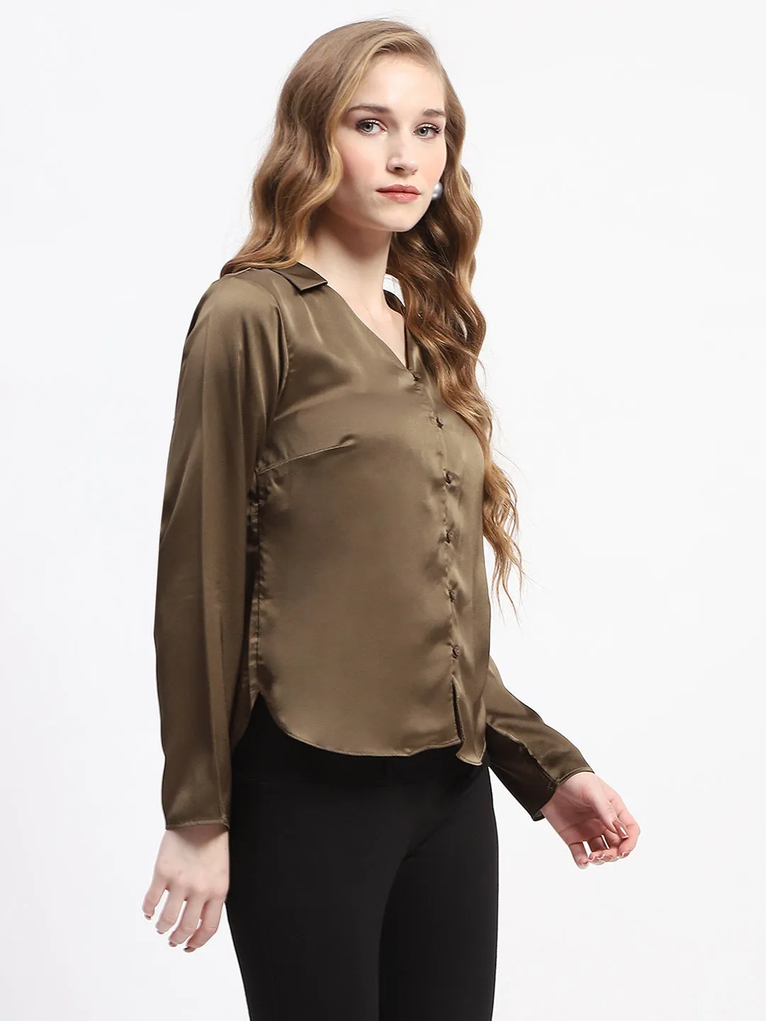 Madame Satin Bell Sleeve Collared Solid Olive Green Top