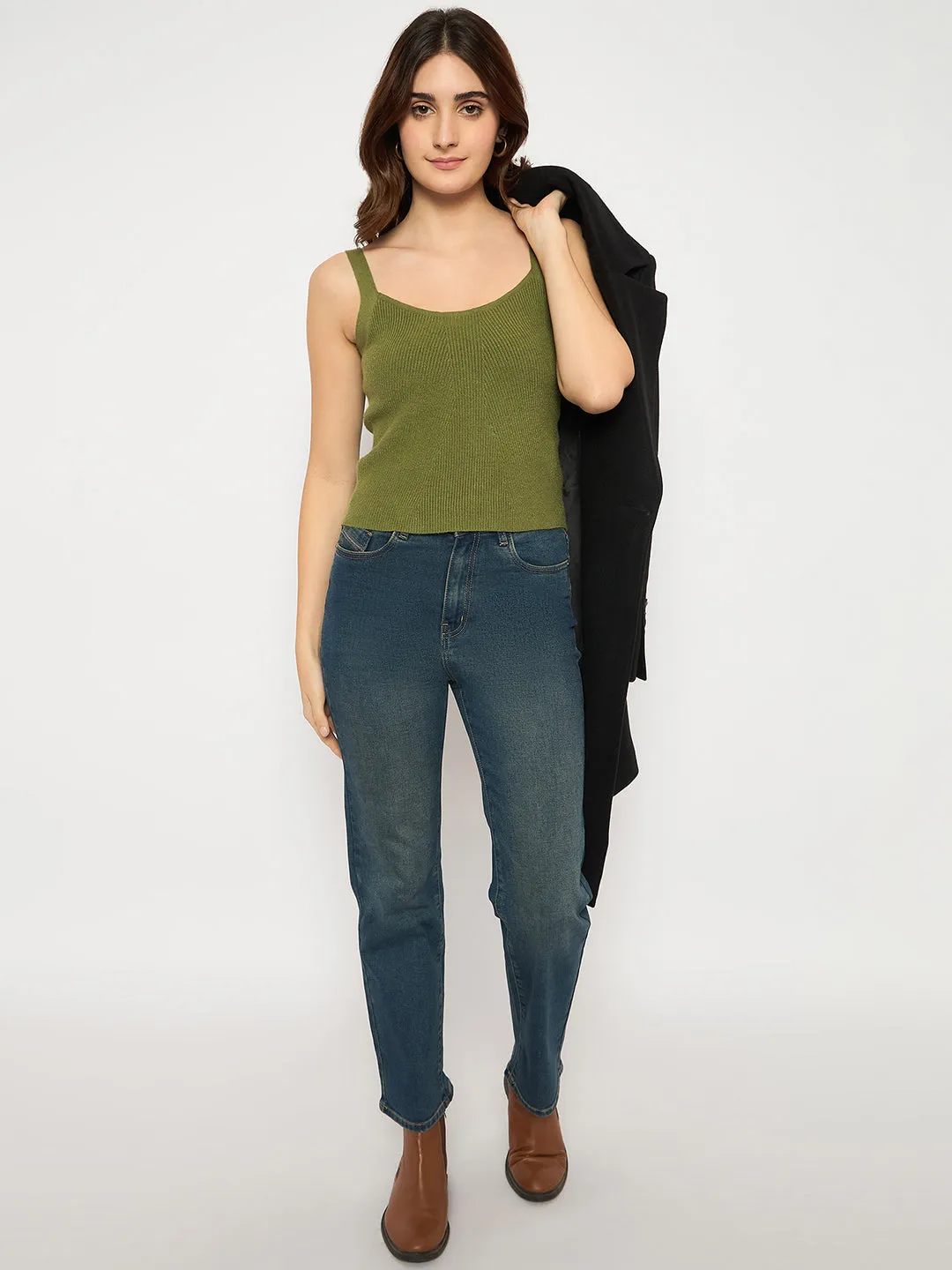 Madame Sleeveless Solid Olive Green Ribbed Knit Sweater