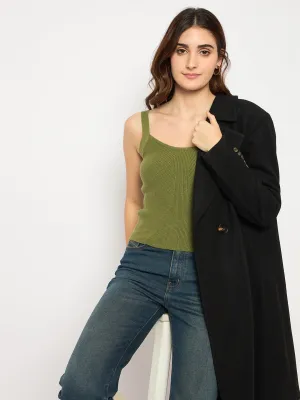 Madame Sleeveless Solid Olive Green Ribbed Knit Sweater