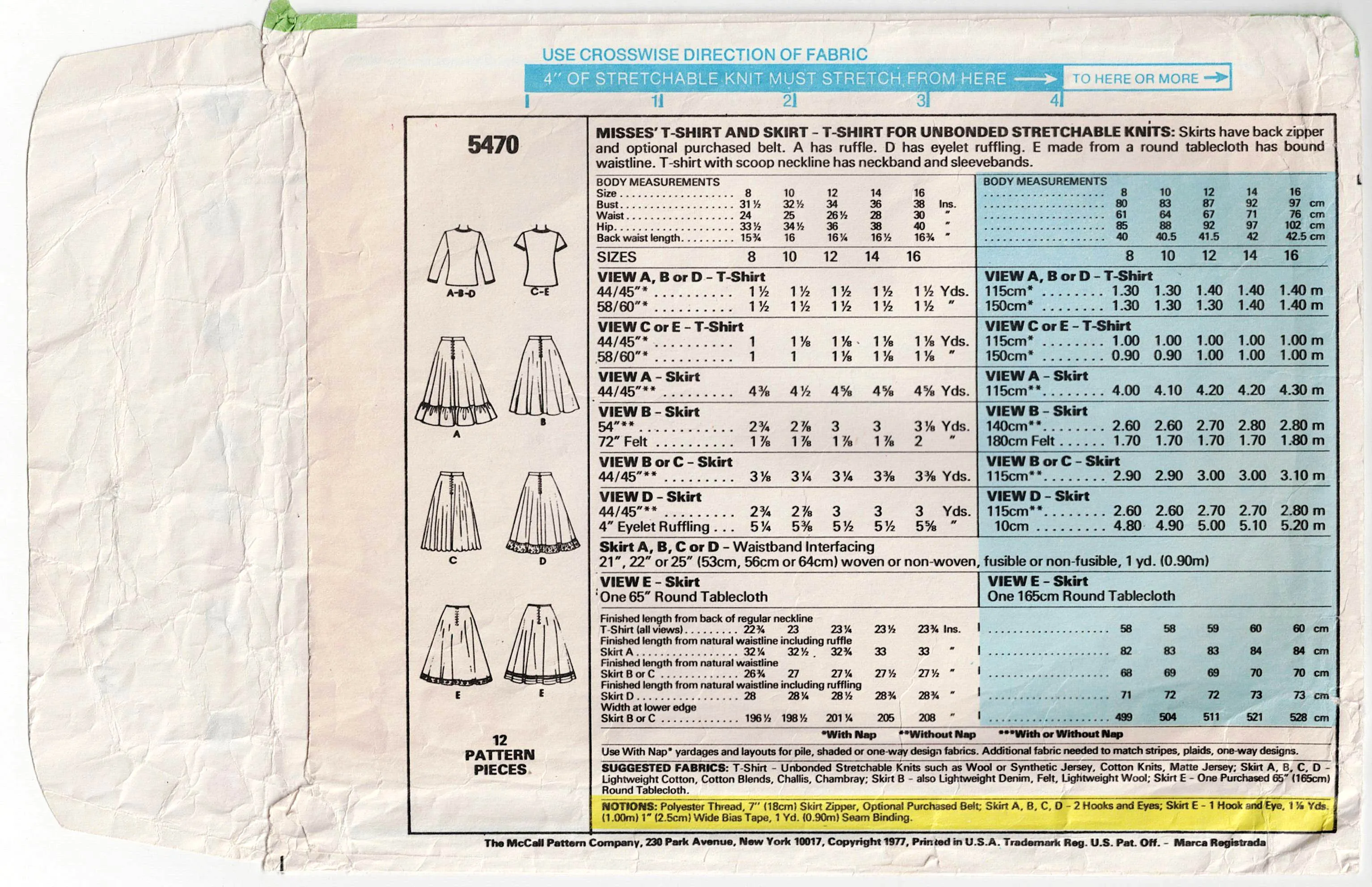 McCall's 5470 Womens Stretch T Shirt & Circle Skirt with Optional Ruffles 1970s Vintage Sewing Pattern Size 10 Bust 32.5 Inches