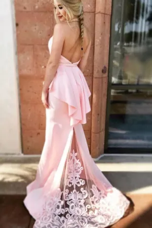 Mermaid Halter Pink Formal Dress with Lace Sexy Long Backless Satin Prom Dresses