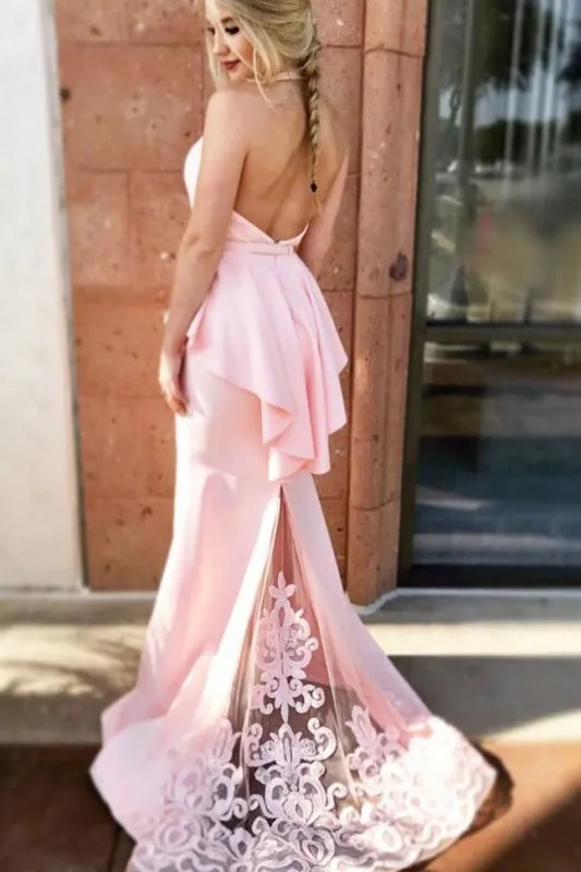 Mermaid Halter Pink Formal Dress with Lace Sexy Long Backless Satin Prom Dresses