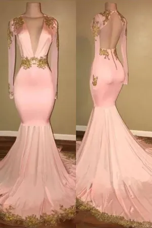 Mermaid V-neck Brush Train Long Sleeves Applique Prom Dresses