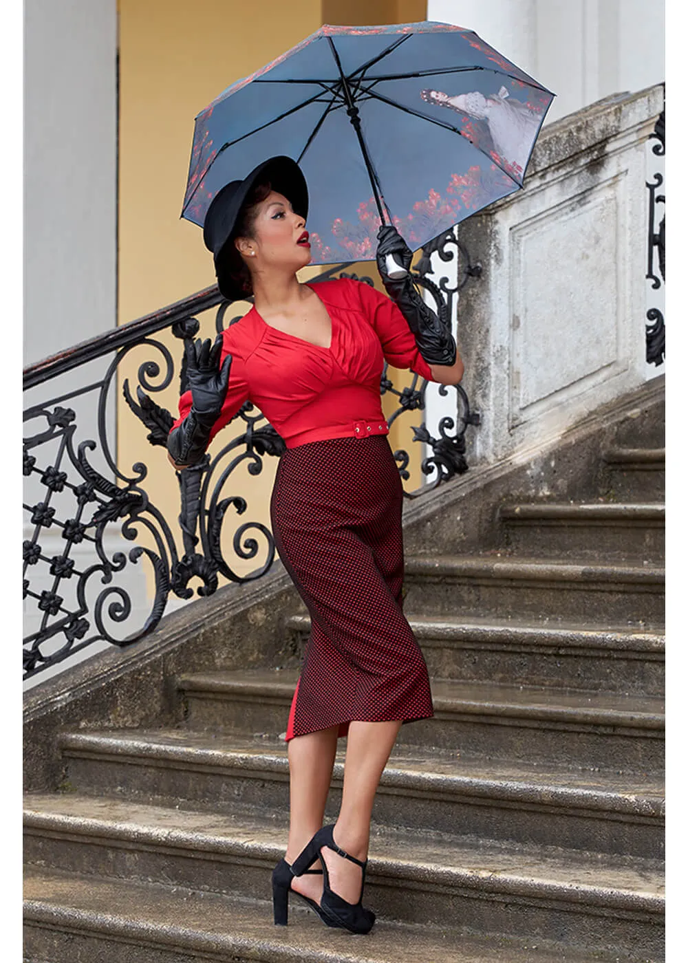 Miss Candyfloss Edmona Lou Polkadot 50's Pencil Dress Black Red
