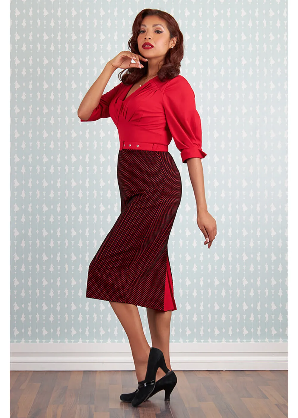 Miss Candyfloss Edmona Lou Polkadot 50's Pencil Dress Black Red