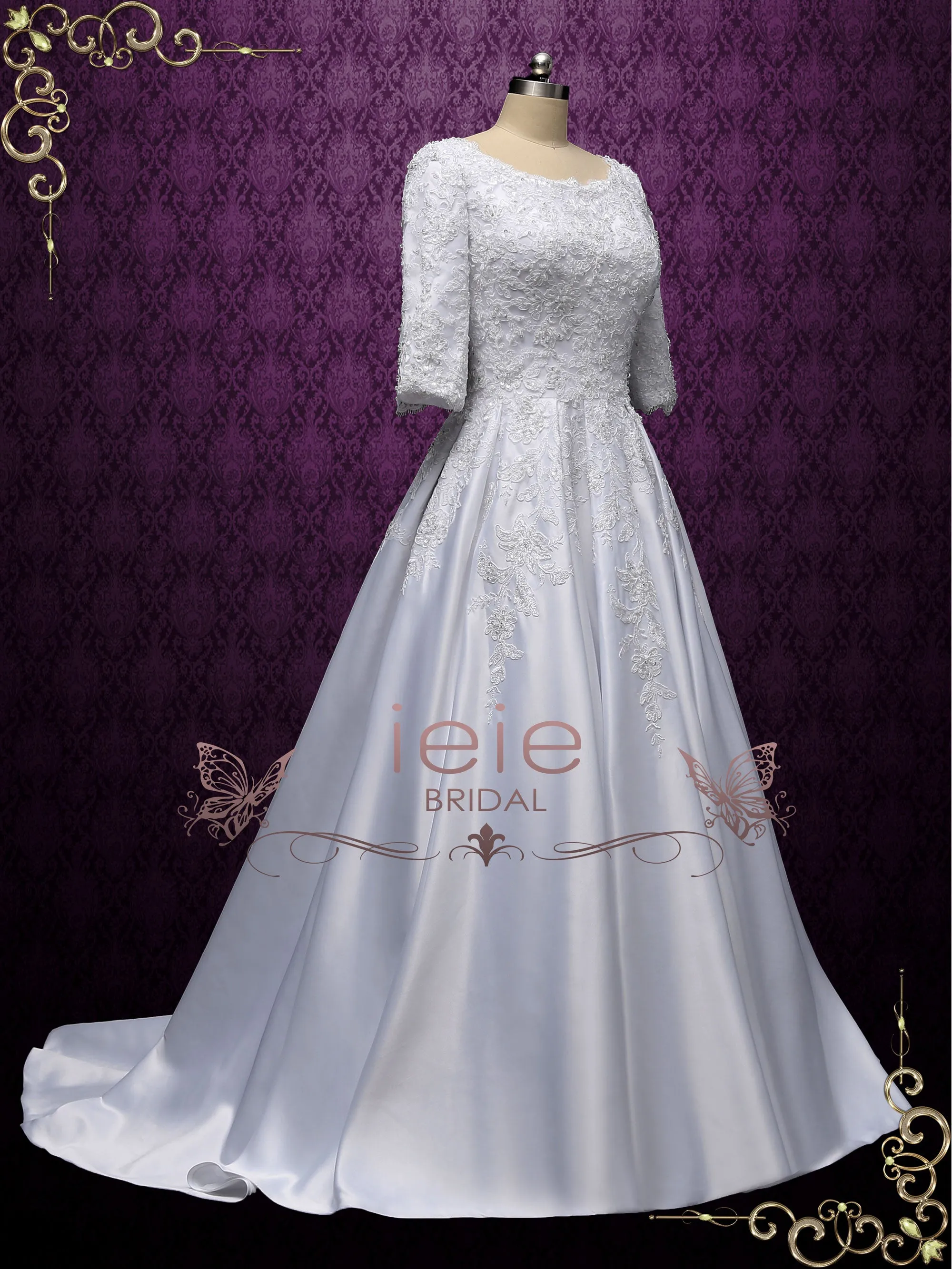 Modest Lace Wedding Dress with Half Sleeves AMBROSE