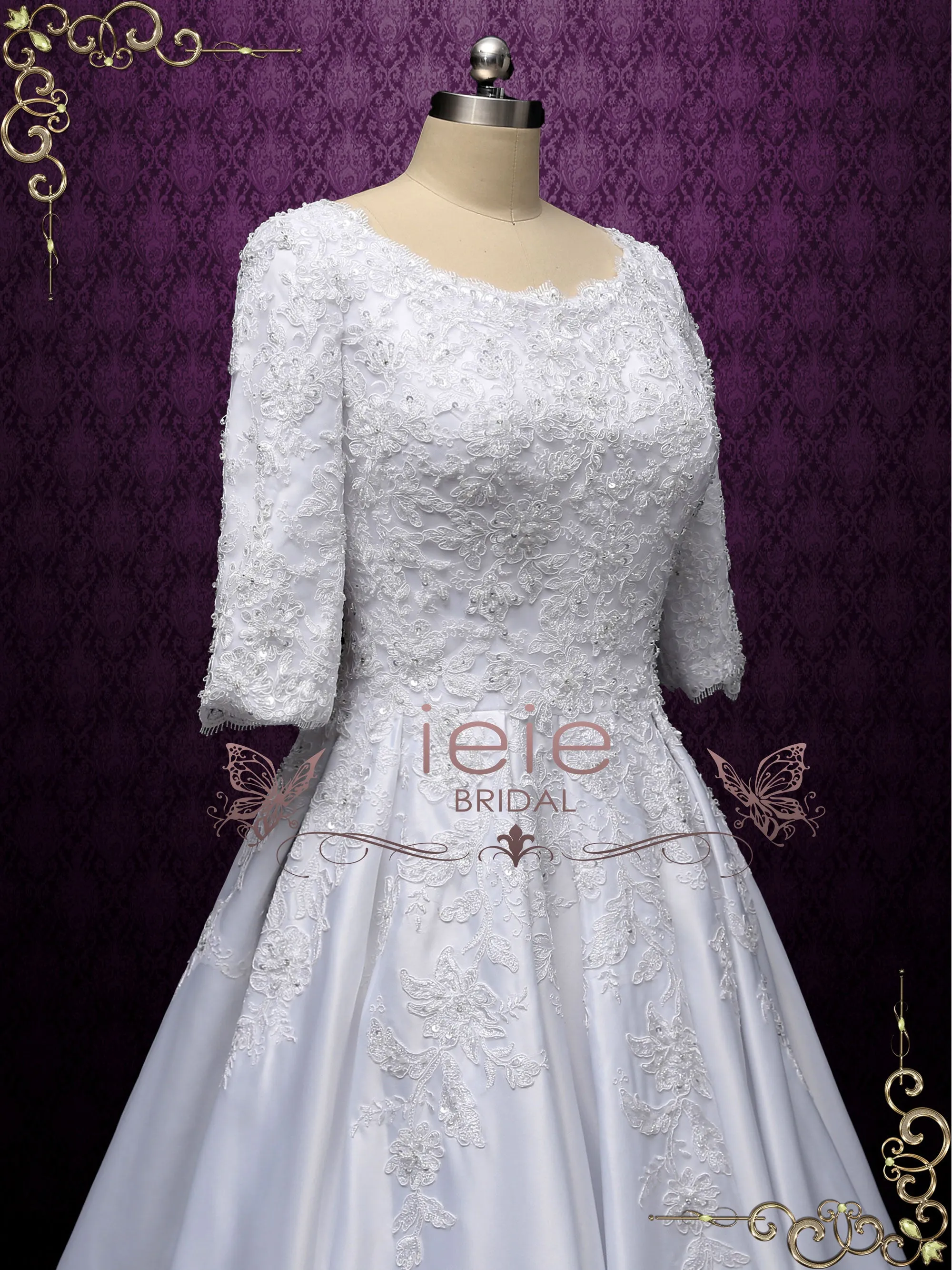 Modest Lace Wedding Dress with Half Sleeves AMBROSE