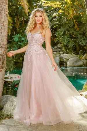 N T449 - Shimmer Tulle A-Line Prom Gown with Beaded Floral Applique Sheer Bodice & Lace Up Back