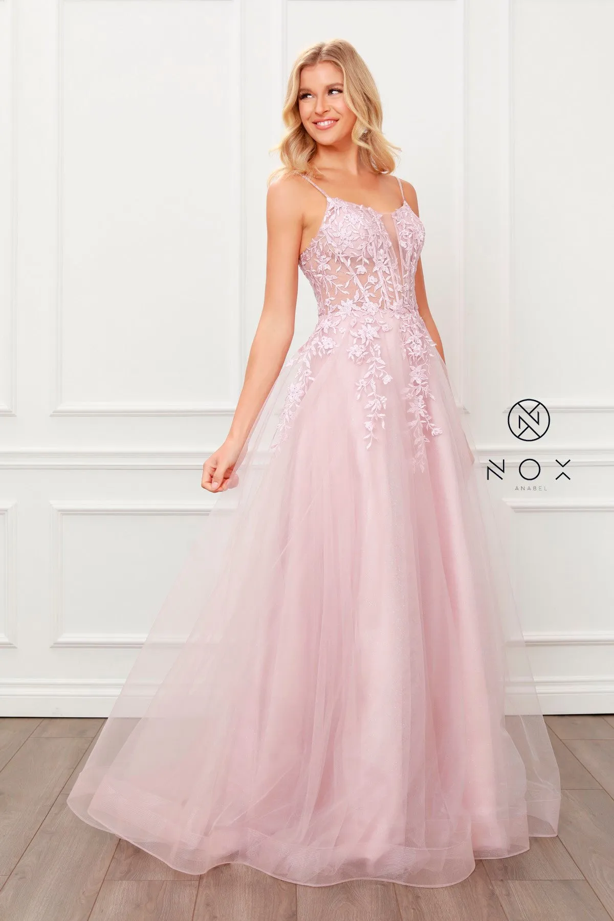 N T449 - Shimmer Tulle A-Line Prom Gown with Beaded Floral Applique Sheer Bodice & Lace Up Back