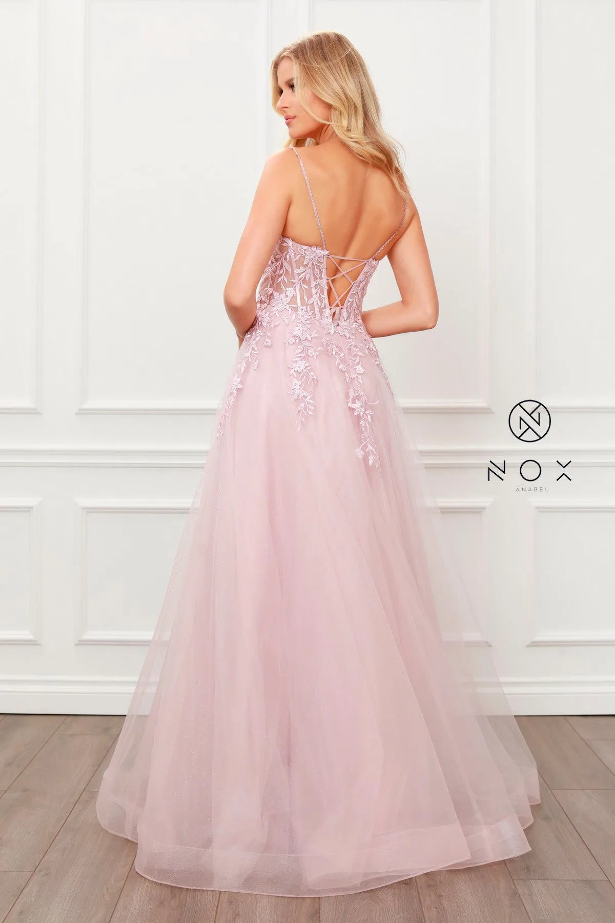 N T449 - Shimmer Tulle A-Line Prom Gown with Beaded Floral Applique Sheer Bodice & Lace Up Back