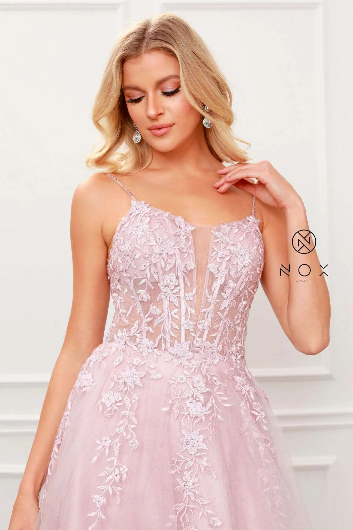 N T449 - Shimmer Tulle A-Line Prom Gown with Beaded Floral Applique Sheer Bodice & Lace Up Back