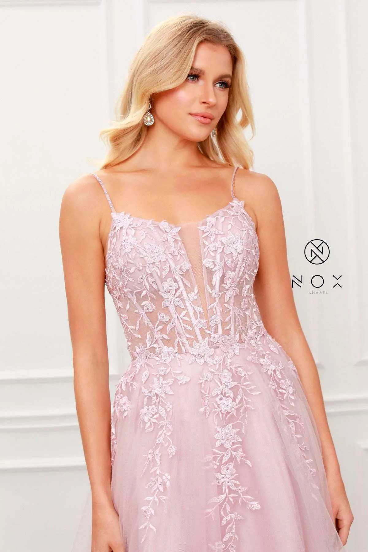 N T449 - Shimmer Tulle A-Line Prom Gown with Beaded Floral Applique Sheer Bodice & Lace Up Back