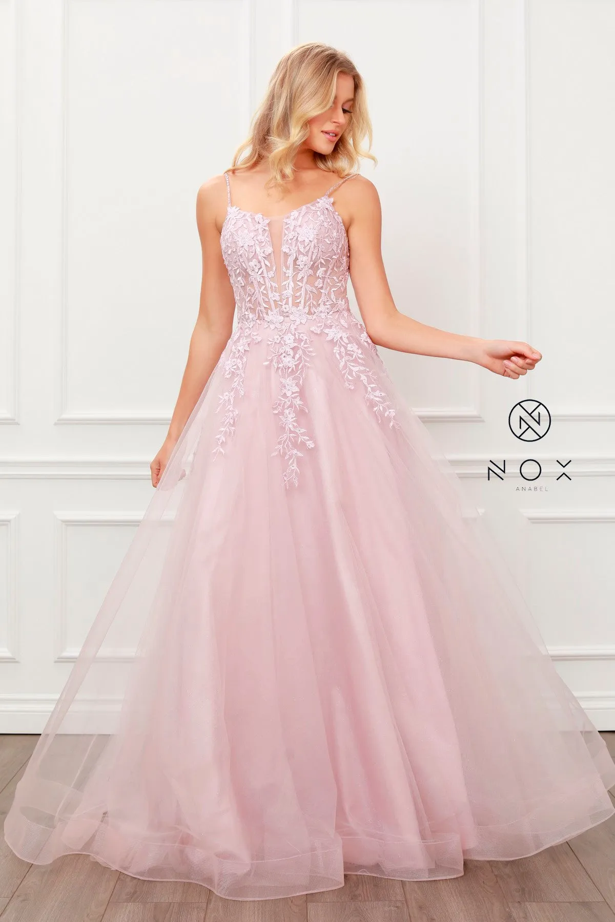 N T449 - Shimmer Tulle A-Line Prom Gown with Beaded Floral Applique Sheer Bodice & Lace Up Back