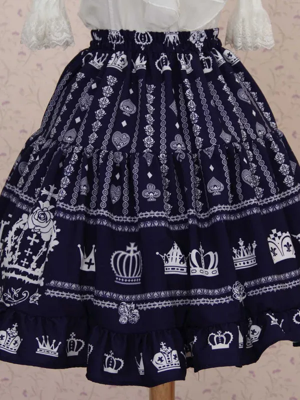Nave Blue Polyester Lolita Skirt White Crown Printed Ruffles