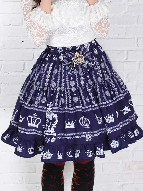 Nave Blue Polyester Lolita Skirt White Crown Printed Ruffles