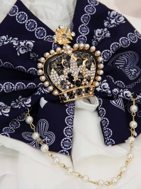 Nave Blue Polyester Lolita Skirt White Crown Printed Ruffles