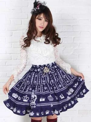 Nave Blue Polyester Lolita Skirt White Crown Printed Ruffles