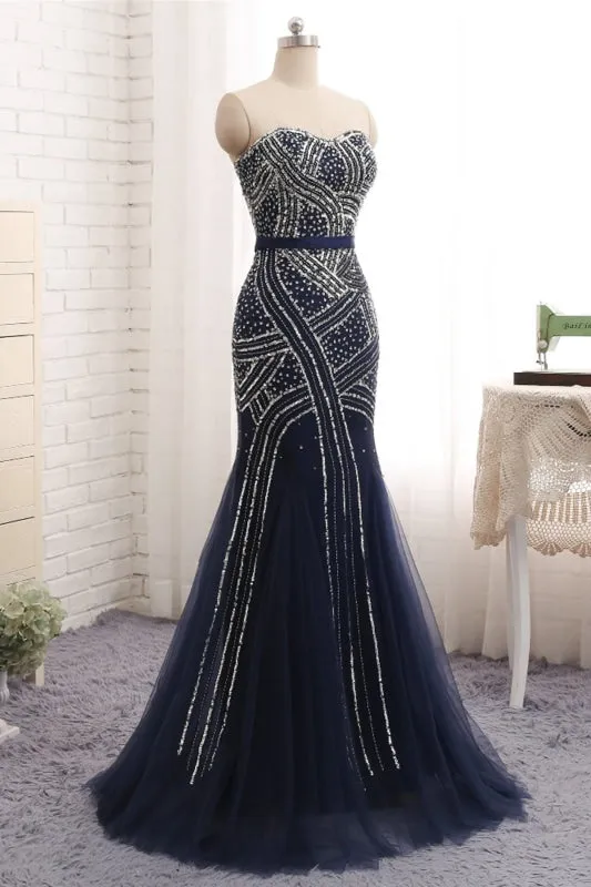Navy Blue Tulle Sequins Strapless Long Mermaid Prom Dress