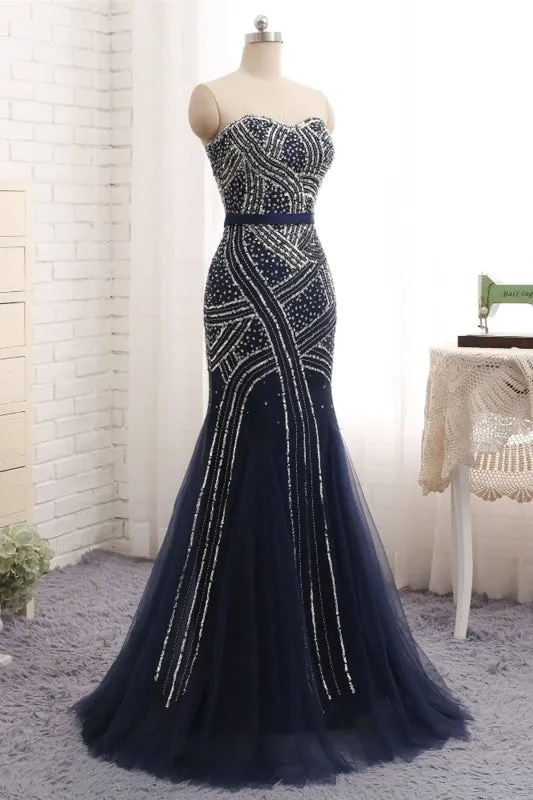 Navy Blue Tulle Sequins Strapless Long Mermaid Prom Dress