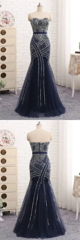 Navy Blue Tulle Sequins Strapless Long Mermaid Prom Dress