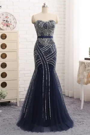 Navy Blue Tulle Sequins Strapless Long Mermaid Prom Dress