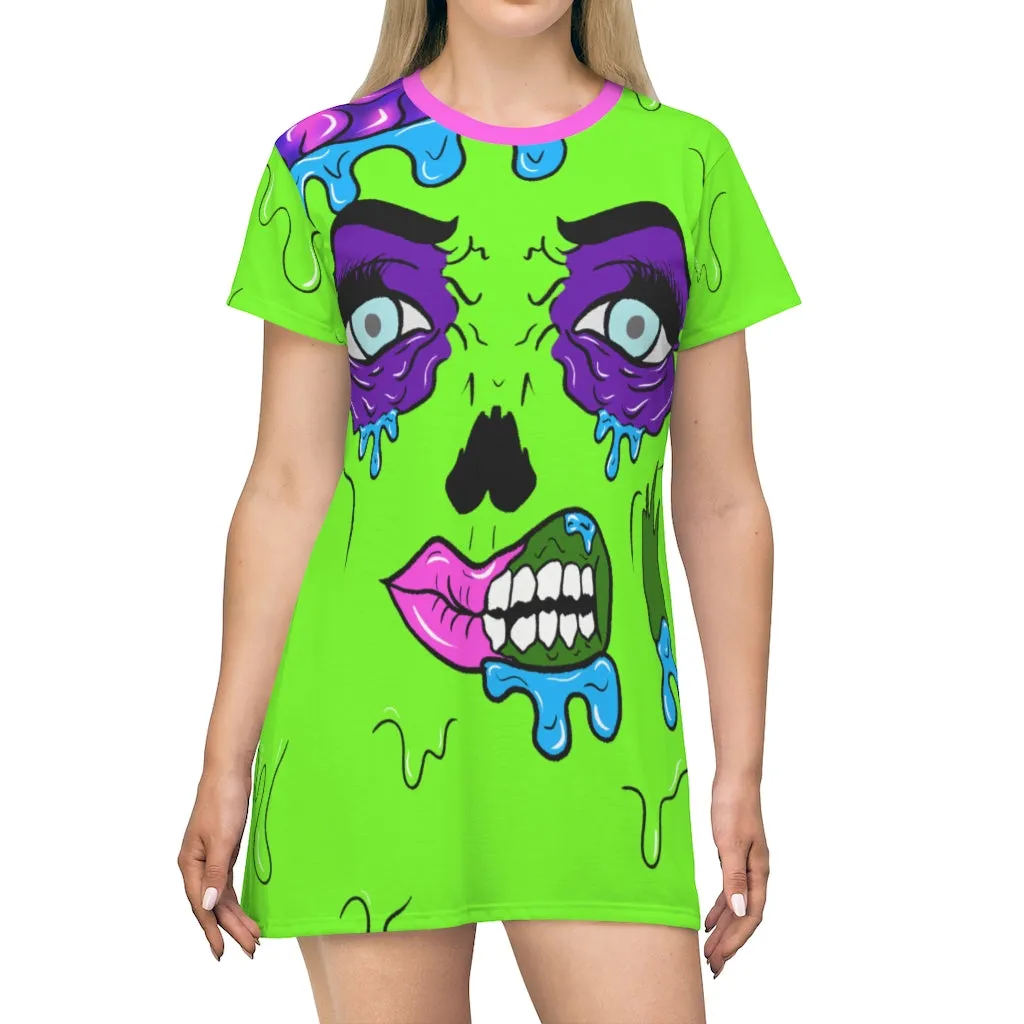 Neon Green Zombie Pop Art All Over Print T-Shirt Dress