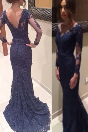 New Arrival Dark Navy Lace Mermaid Long Prom Dress