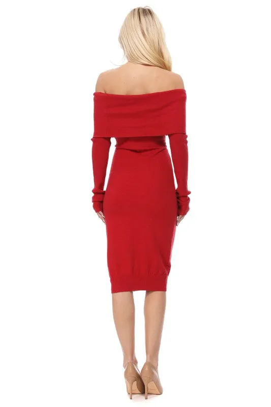 Off Shoulder Long Sleeve Slim Fit Midi Knit Dress